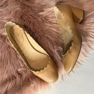 Chloe Lauren Scalloped Leather Pumps Block Heels Size 38